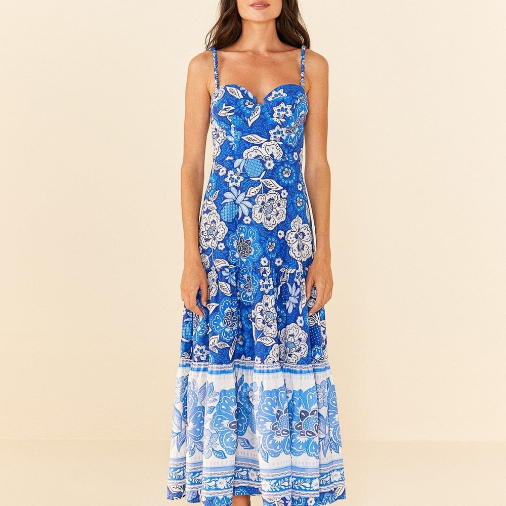 FARMRIO Blue and White Sleeveless Sundress with Sweetheart Neckline